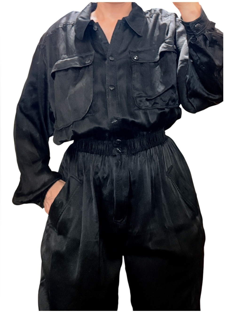 Vintage Morgan Taylor Studio 100% Silk Black Utility Jumpsuit L